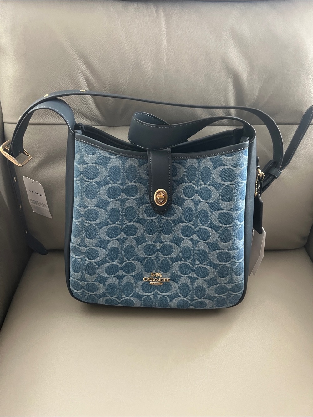 Coach Hadley Blue Denim Signature Crossbody Shoulder Bag with Gold Hardware